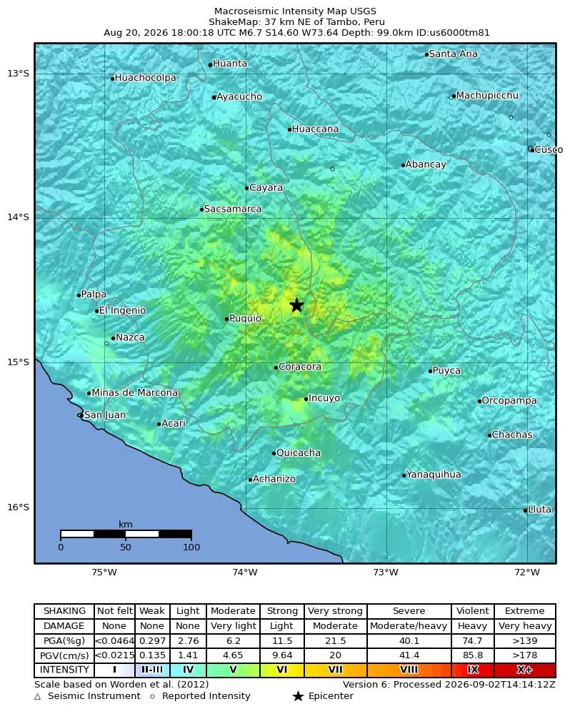 Ayacucho, Perú · 20 de agosto de 2026 · M 7,2 (IGP) / 6,7 (USGS)
